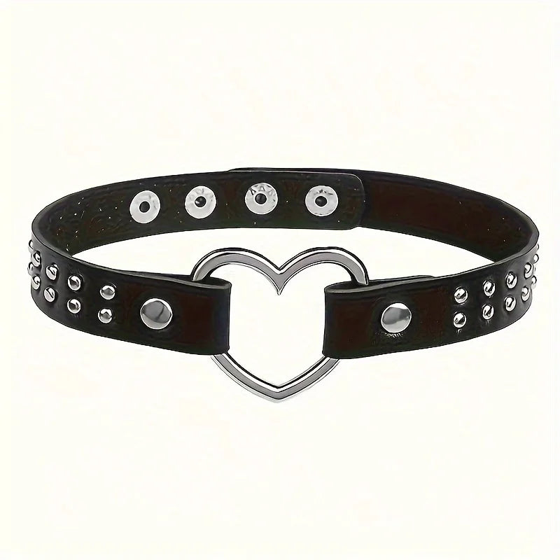 Collier femme cuir synthétique avec grand coeur et rivets Punk - GUAPPAA