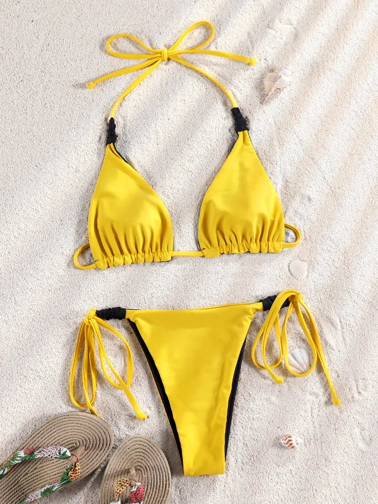 Bikini string ficelle Triangle Réversible jaune noir L'Eternel Jaune et noir - Swimwear - image 5