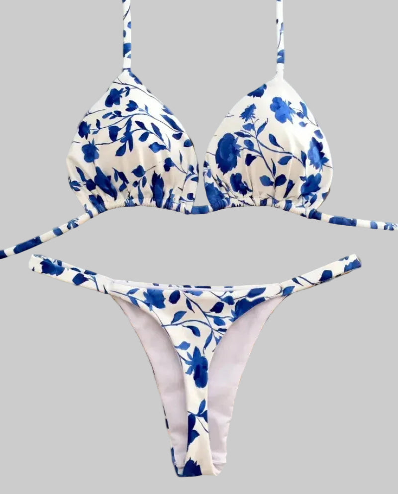 Bikini string ficelle push-up triangle sexy L'île de la Tentation fleur bleue