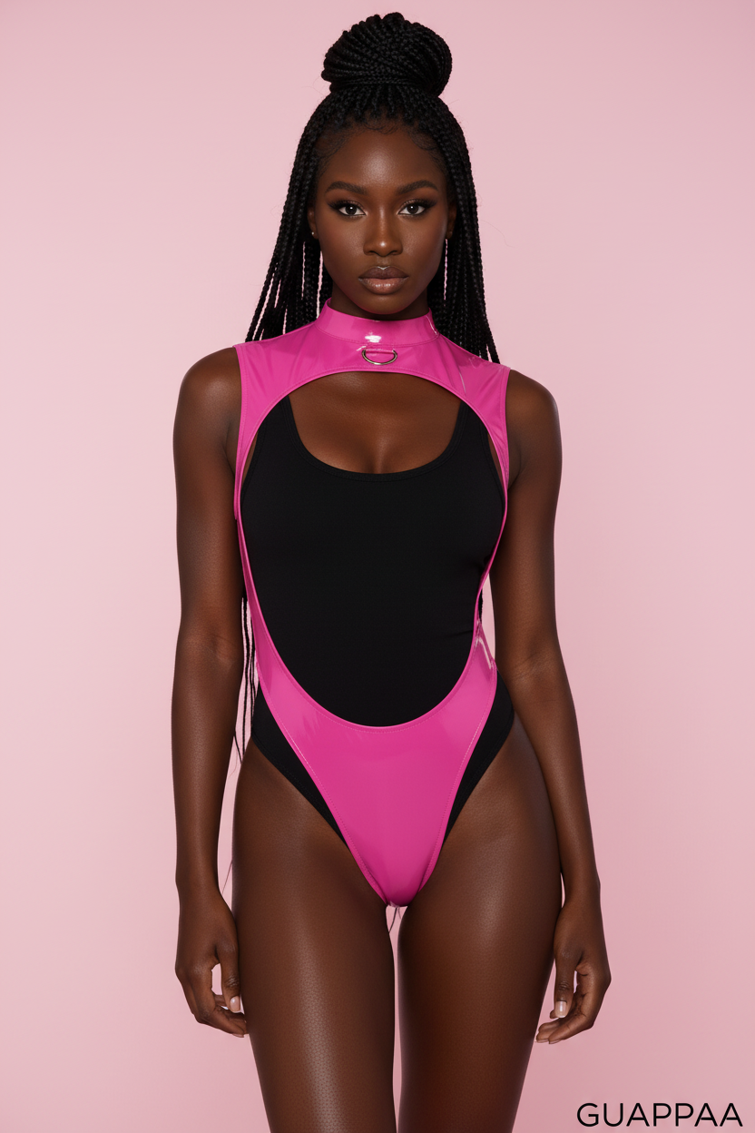 Body string haute échancrure PVC brillant col montant La Magnétique photo studio rose