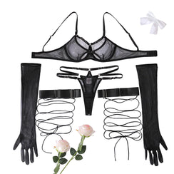 Ensemble de lingerie sexy noire transparente complet femme Call of the Night