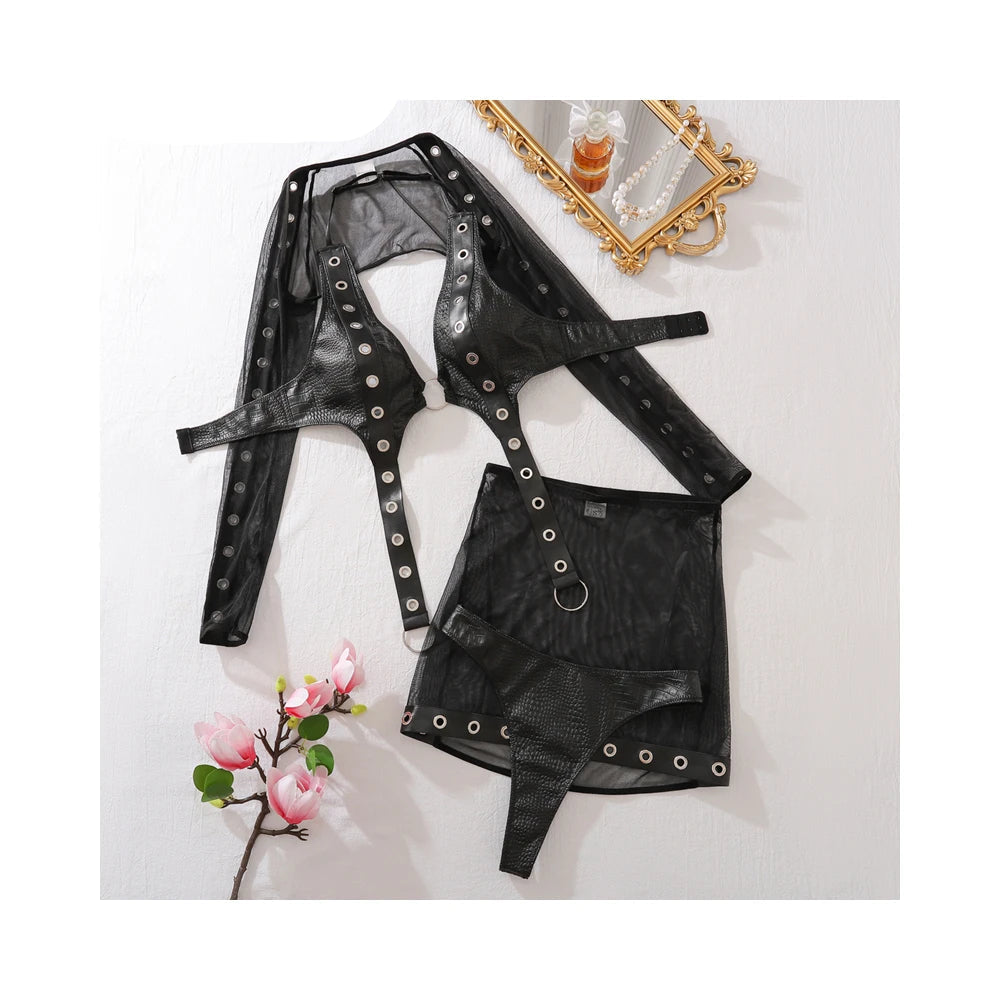 Lingerie punk goth simili cuir noir string jupe soutien-gorge bolero La Cave - GUAPPAA