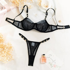 Ensemble sous-vêtements string soutien-gorge sexy noir avec anneaux dorés Make