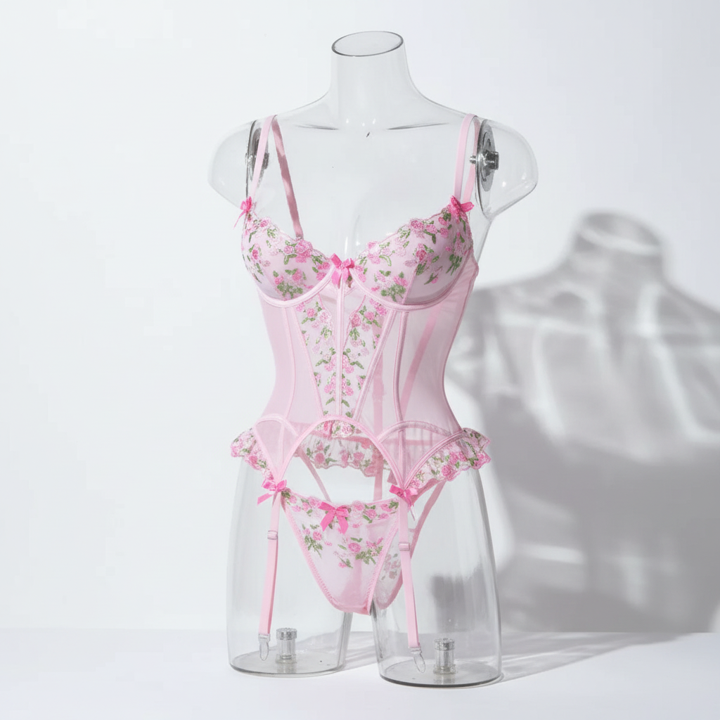 Guêpière sexy en dentelle brodée rose avec string et jarretelles-jarretières Floraison tardive