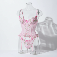 Guêpière sexy en dentelle brodée rose avec string et jarretelles-jarretières Floraison tardive