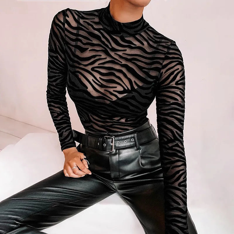 Body transparent maille noire zébrée col montant Mystère