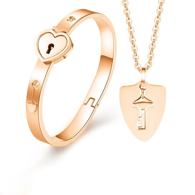 Bracelet menotte avec collier et pendentif clef bijou de couple 2 pièces Union - GUAPPAA