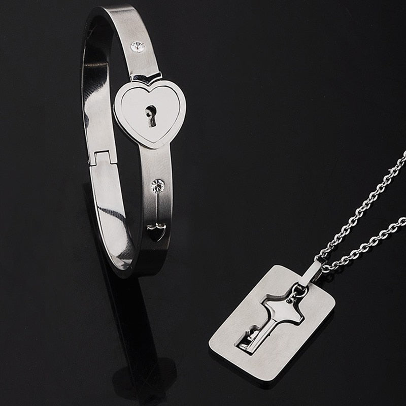 Bracelet menotte avec collier et pendentif clef bijou de couple 2 pièces Union - GUAPPAA