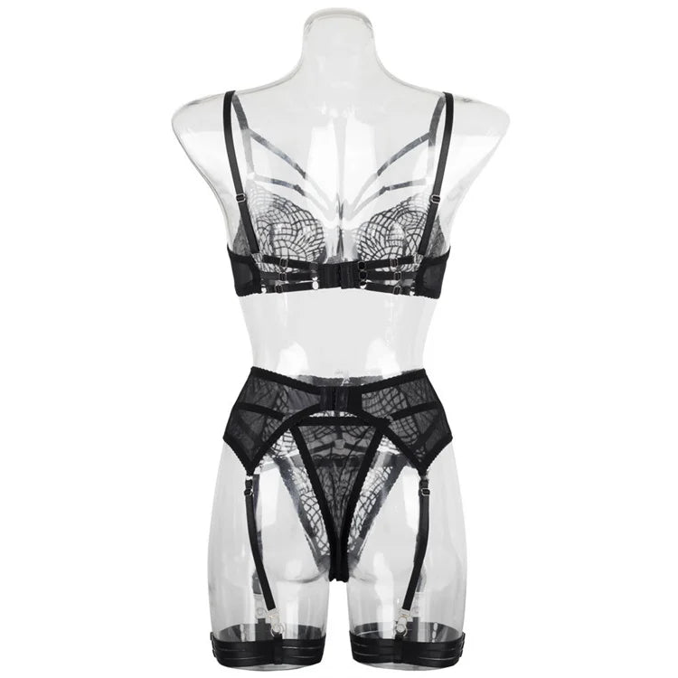 Lingerie sexy noire soutien-gorge string porte-jarretelles et jarretières Amour - GUAPPAA