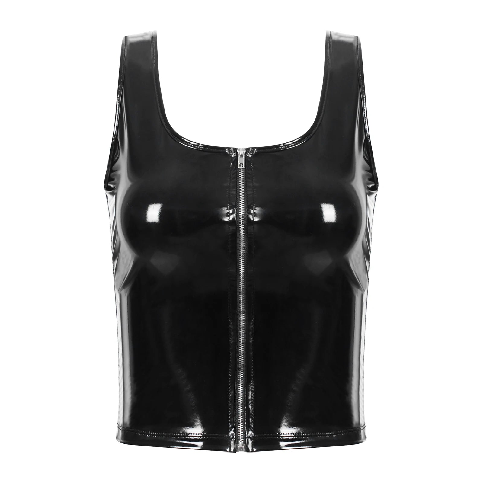 Haut femme crop-top simili latex à tirette verni noir - GUAPPAA