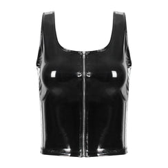 Haut femme crop-top simili latex à tirette verni noir - GUAPPAA