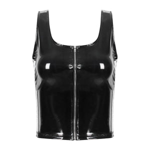 Haut femme crop-top simili latex à tirette verni noir - GUAPPAA