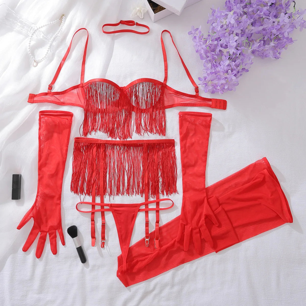 Lingerie sexy ensemble à franges seins nus gants collants porte-jarretelles Milena - GUAPPAA