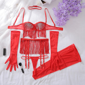 Lingerie sexy ensemble à franges seins nus gants collants porte-jarretelles Milena - GUAPPAA