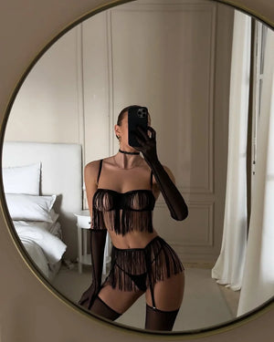 Lingerie sexy ensemble à franges seins nus gants collants porte-jarretelles Milena - GUAPPAA