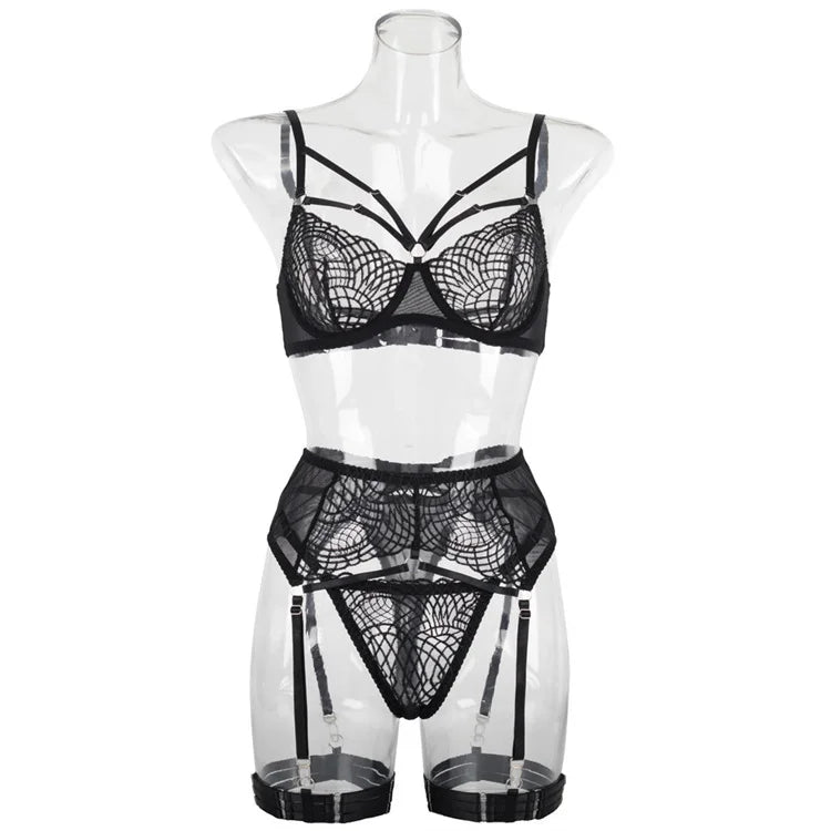 Lingerie sexy noire soutien-gorge string porte-jarretelles et jarretières Amour - GUAPPAA