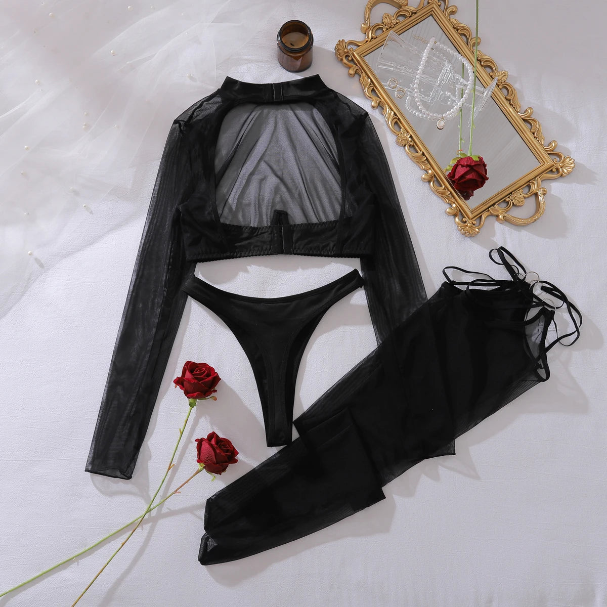 Lingerie sexy string bas noir haut manches longues transparent La Provocation - GUAPPAA