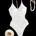 Maillot de bain femme une pièce échancré dos nu blanc Guappaa avec liserets horizontaux plissés 