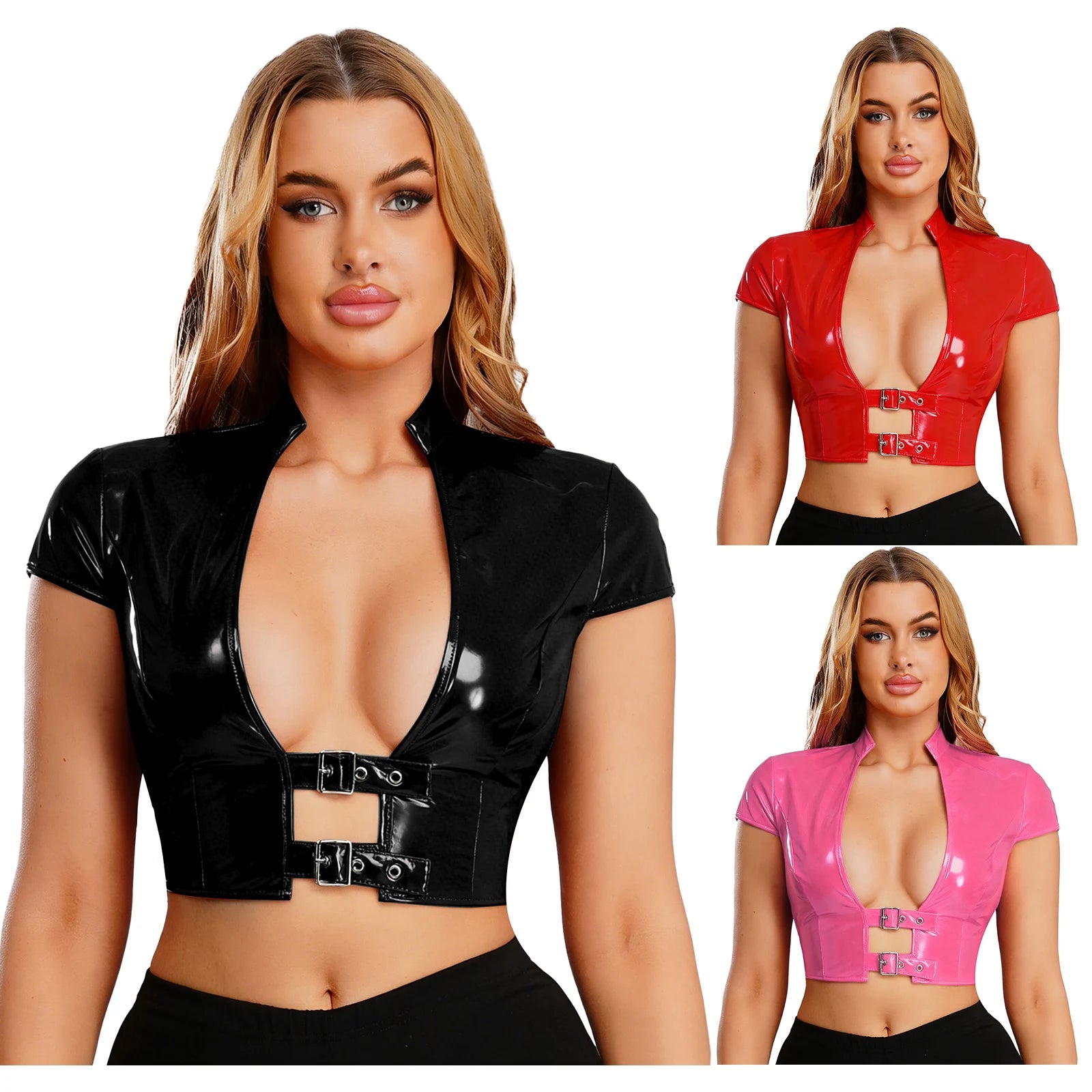 La Féline – Haut court vinyle brillant femme clubwear