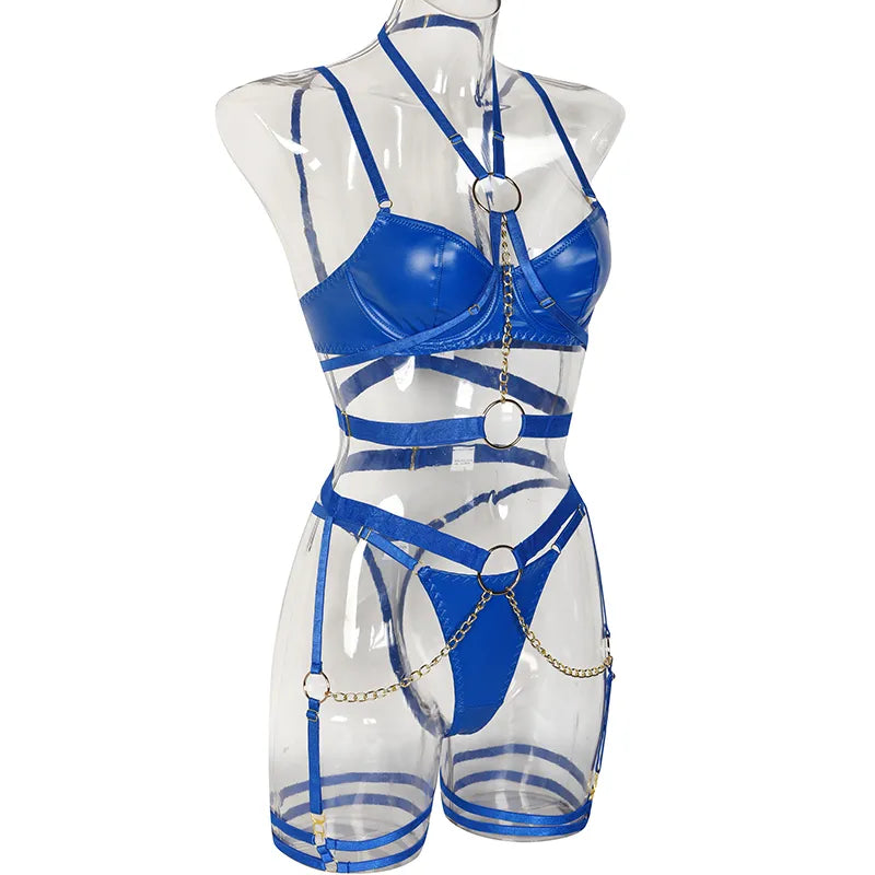 Ensemble lingerie sexy faux cuir à chaines et porte-jarretelles 3 pièces Saturne - GUAPPAA
