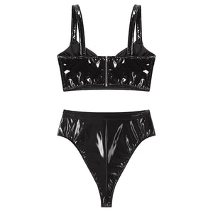 Lingerie latex simili deux pièces string taille haute et soutien-gorge Libertina - GUAPPAA