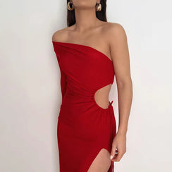 Robe noire rouge une épaule sans manches longue fendue imagination - GUAPPAA