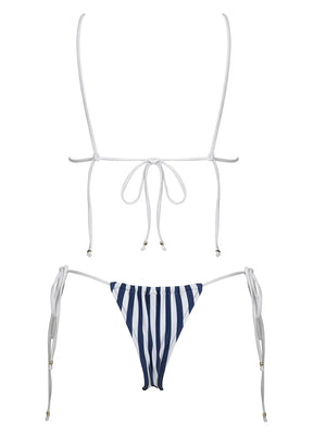 Maillot de bain brésilien tanga à ficelles triangle push-up rayé bleu blanc Agua - GUAPPAA