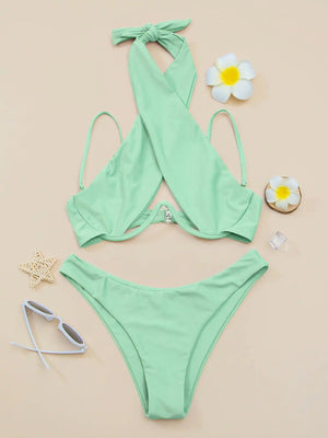Bikini à bretelles croisées avec armatures 2026 Maillot de bain femme uni Push-up Maillot de bain féminin Maillot de bain de plage d'été Pink - image 4