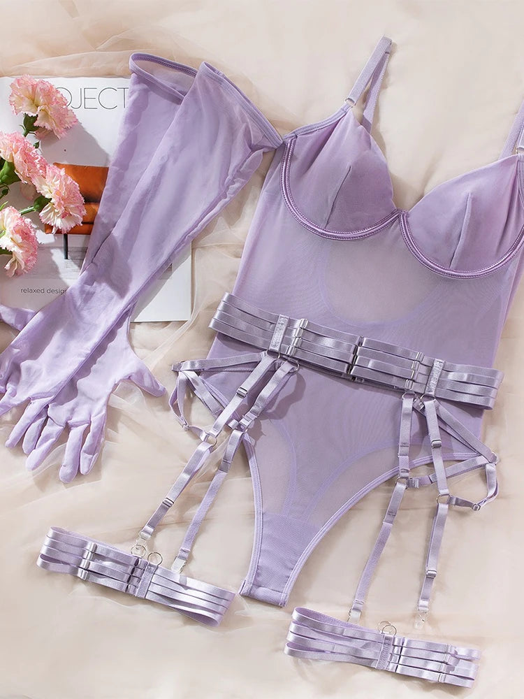 Lingerie body string femme transparent avec porte-jarretelles et jarretières Extasia - GUAPPAA