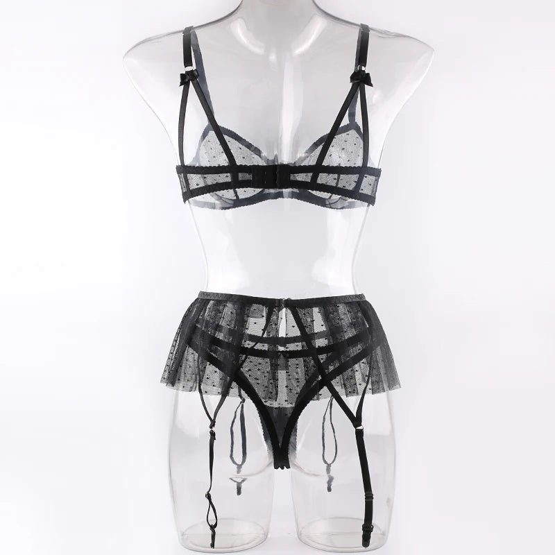 Ensemble de lingerie transparent à pois blanc ou noir trois pièces Évanouie - GUAPPAA