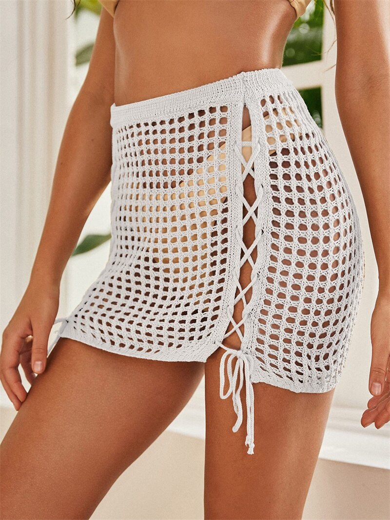 Mini jupe crochet tricot résille large laçée sur les côtés Bora-Bora - GUAPPAA
