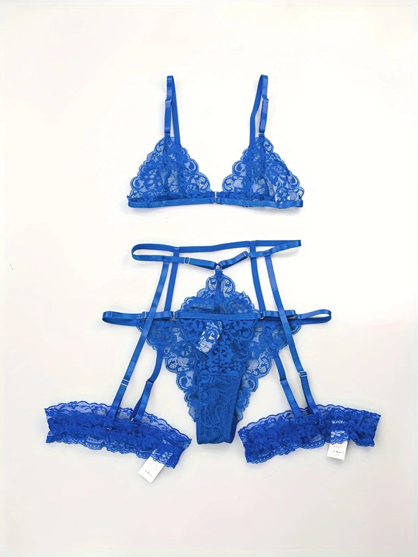 Ensemble de lingerie sexy en dentelle transparent trois pièces Blue Belle