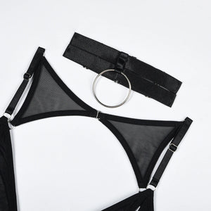 Ensemble lingerie 4 pièces noir string soutien-gorge à fentes porte-jarretelles et collier Matador - GUAPPAA