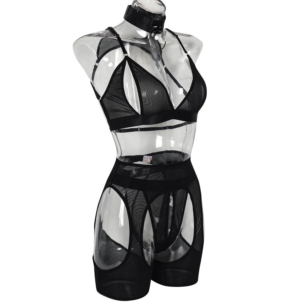 Ensemble lingerie 4 pièces noir string soutien-gorge à fentes porte-jarretelles et collier Matador - GUAPPAA
