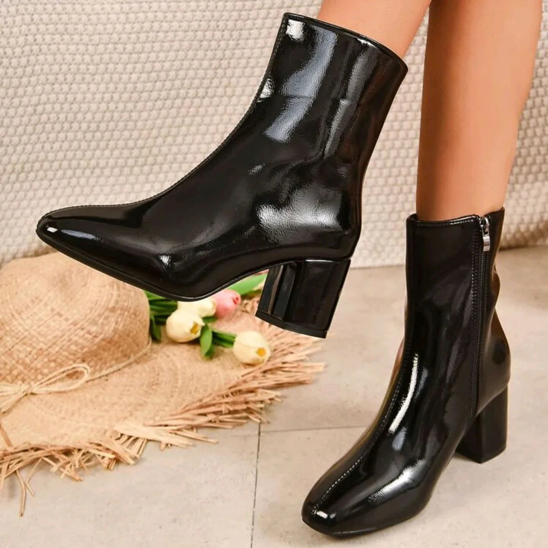 Bottines à talons femme vernies zippées à talon large bout rond pointu St-Eléonore - GUAPPAA