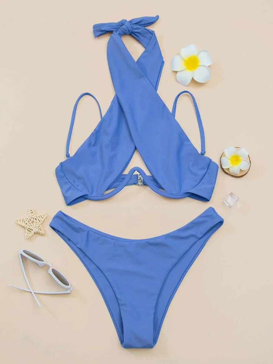 Bikini à bretelles croisées avec armatures 2026 Maillot de bain femme uni Push-up Maillot de bain féminin Maillot de bain de plage d'été Pink - image 11