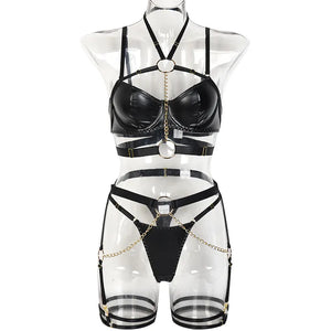 Ensemble lingerie sexy faux cuir à chaines et porte-jarretelles 3 pièces Saturne - GUAPPAA
