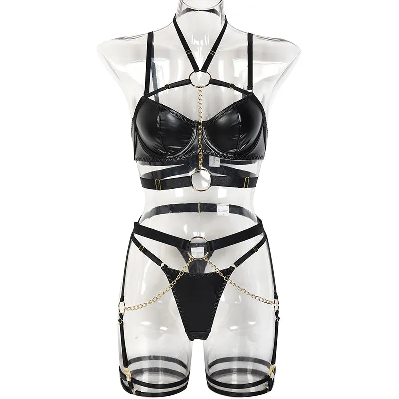 Ensemble lingerie sexy faux cuir à chaines et porte-jarretelles 3 pièces Saturne - GUAPPAA