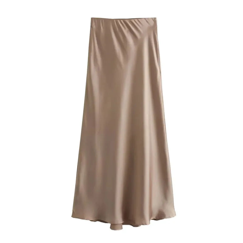 Jupe Le Reflet Serein kaki longueur mi-mollet avec tissu satiné
