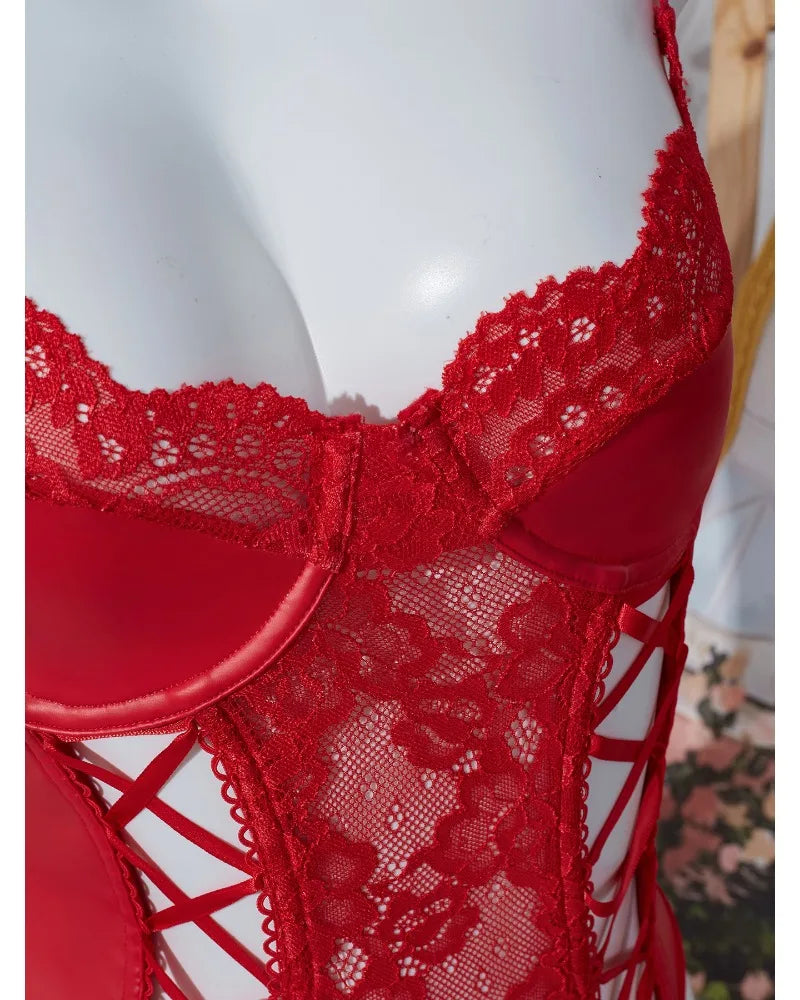 Body string dentelle et imitation cuir avec jarretières St-Jean - GUAPPAA