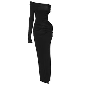 Robe noire rouge une épaule sans manches longue fendue imagination - GUAPPAA