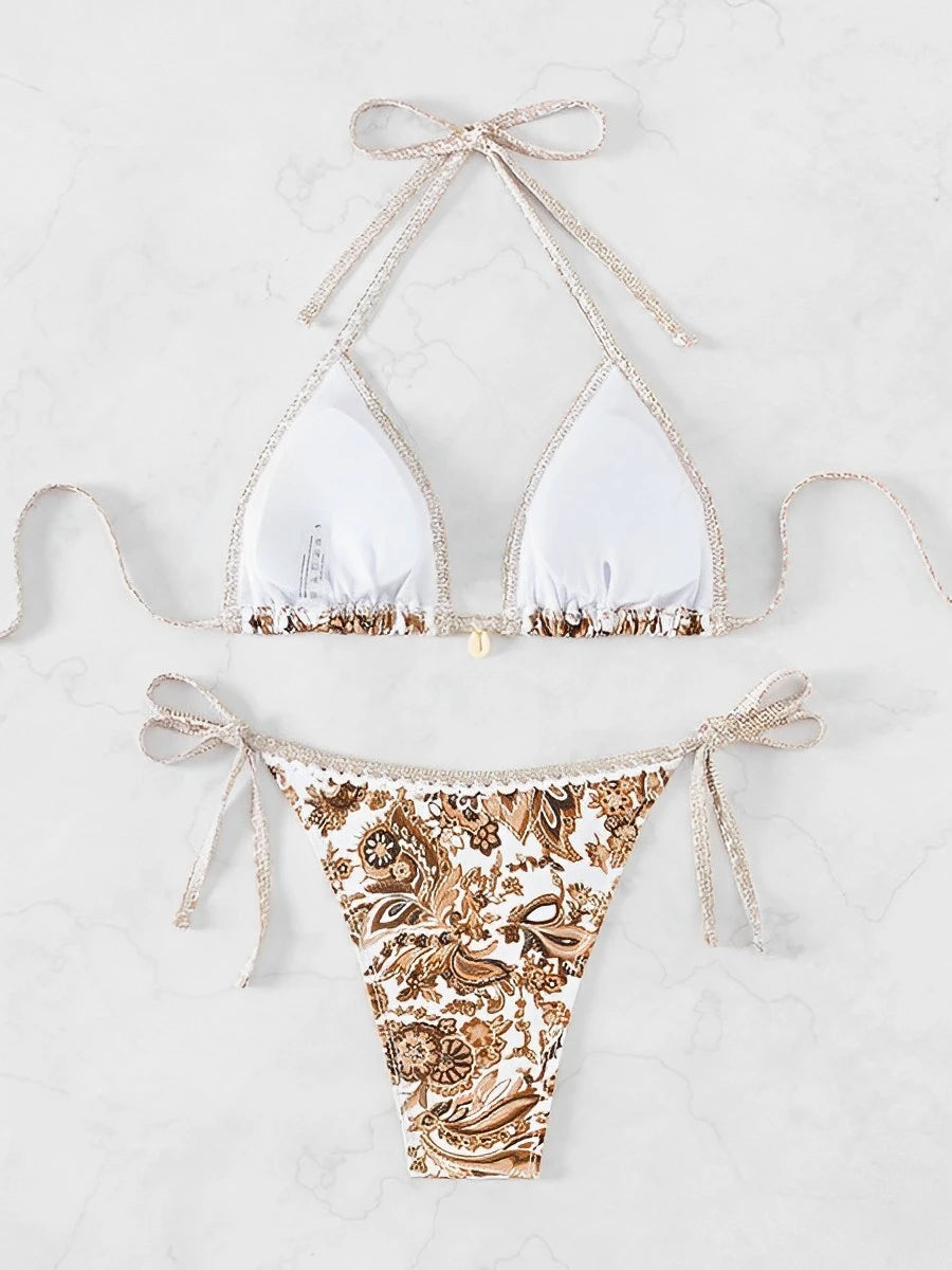 Maillot de bain deux pièces échancré marron bleu fleuri Terre d'eau - GUAPPAA
