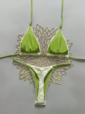 Micro bikini L’Onde Azur vert avec haut licou et bas string deux pièces pour femme