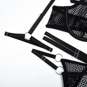 Lingerie résille 4 pièces sexy noir soutien-gorge string fendu et jarretières La Maison - GUAPPAA