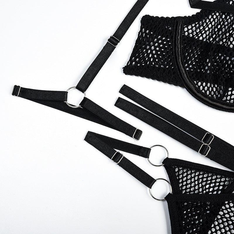 Lingerie résille 4 pièces sexy noir soutien-gorge string fendu et jarretières La Maison - GUAPPAA