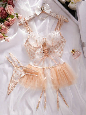 Ensemble sexy bustier lacé string porte-jarretelles frou-frou et jarretières Impérial - GUAPPAA