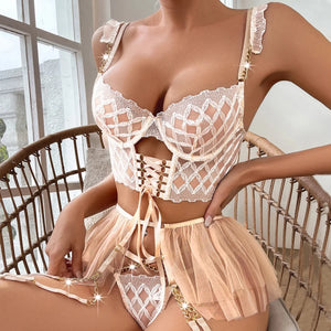 Ensemble sexy bustier lacé string porte-jarretelles frou-frou et jarretières Impérial - GUAPPAA