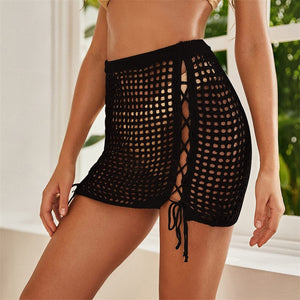 Mini jupe crochet tricot résille large laçée sur les côtés Bora-Bora - GUAPPAA