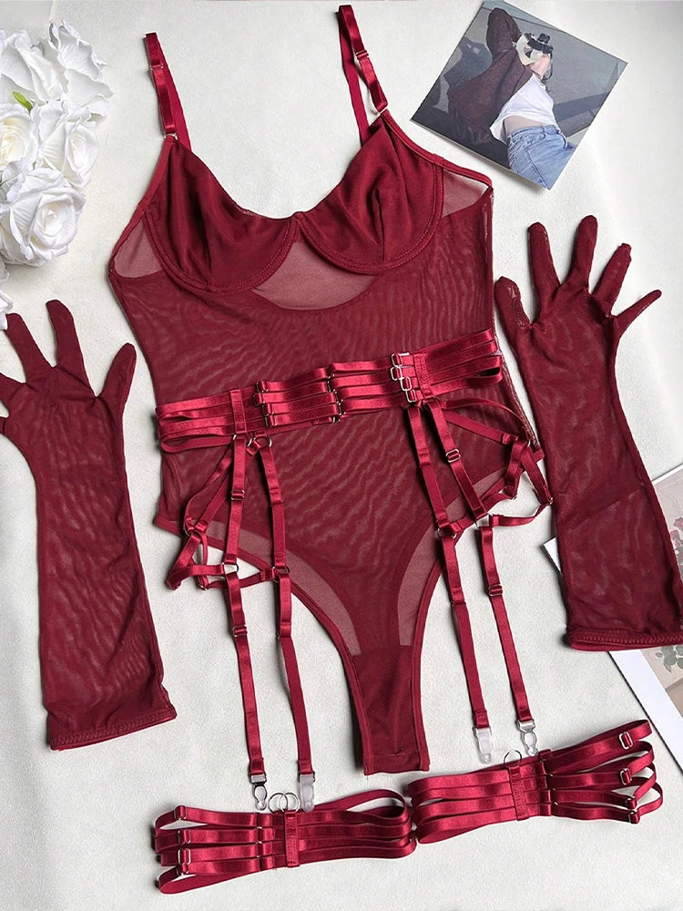 Lingerie body string femme transparent avec porte-jarretelles et jarretières Extasia - GUAPPAA