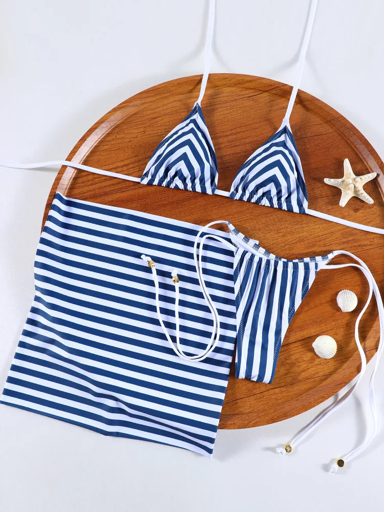Maillot de bain brésilien tanga à ficelles triangle push-up rayé bleu blanc Agua - GUAPPAA